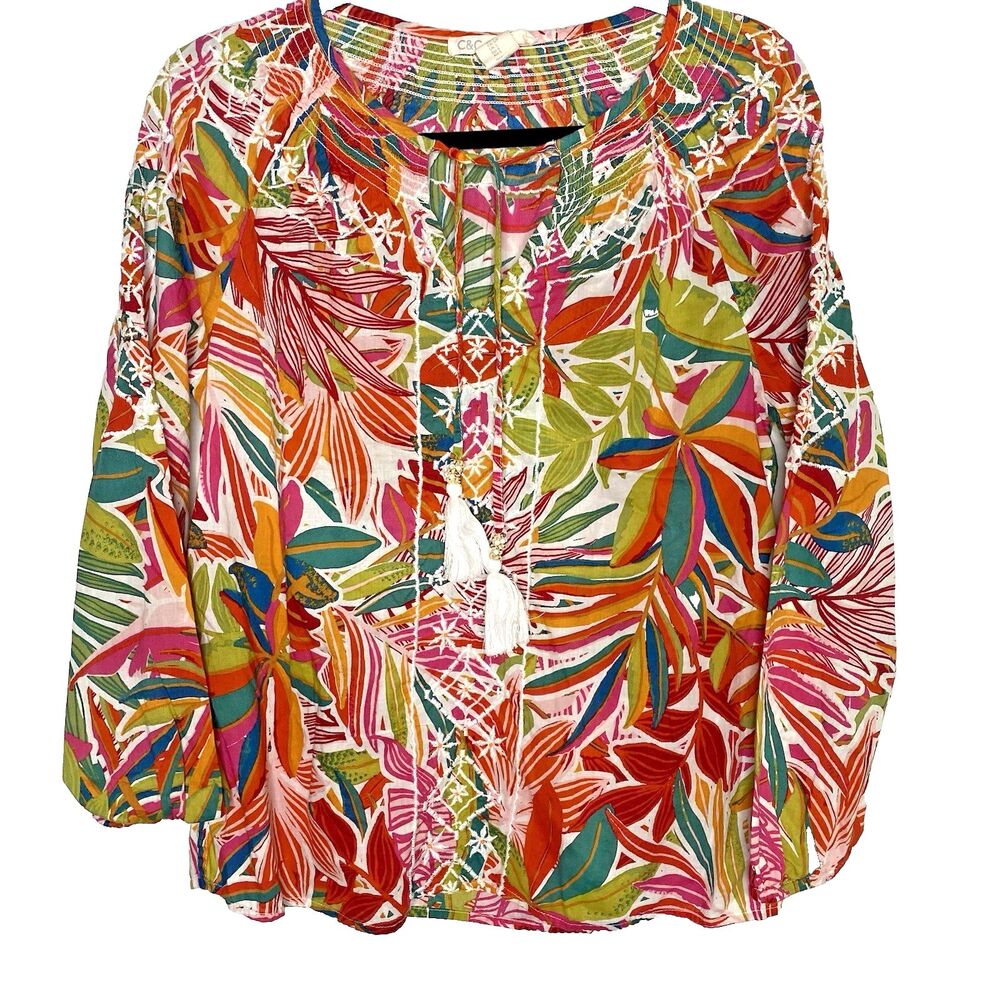 C&C California Tropical Embroidered Tassel Tie Blouse Floral Boho Casual Women S